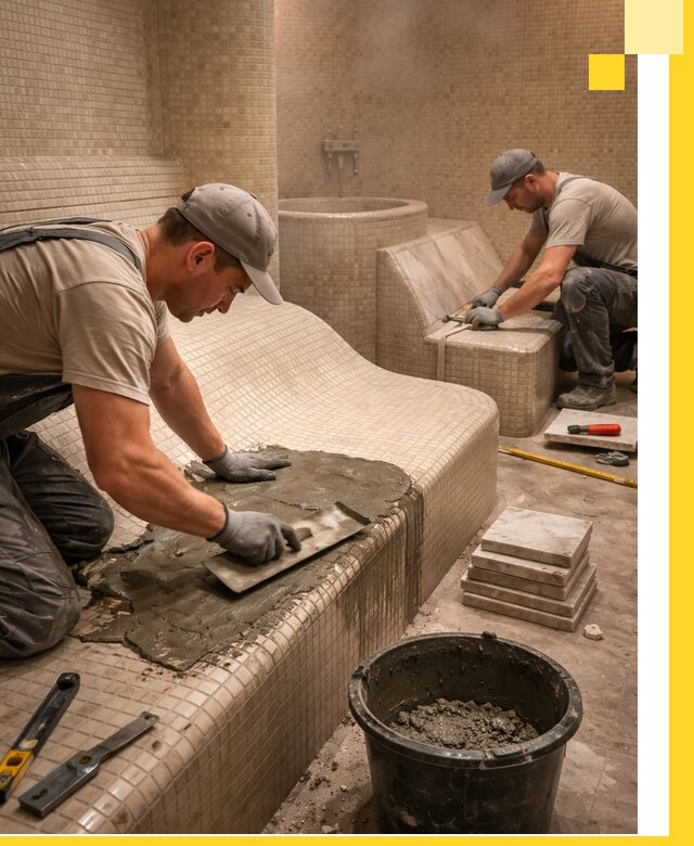 Лежаки для хамама под ключ в Михайловке, проект и монтаж